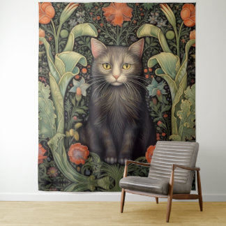 Art nouveau zwarte kat en rode bloemen wandkleed