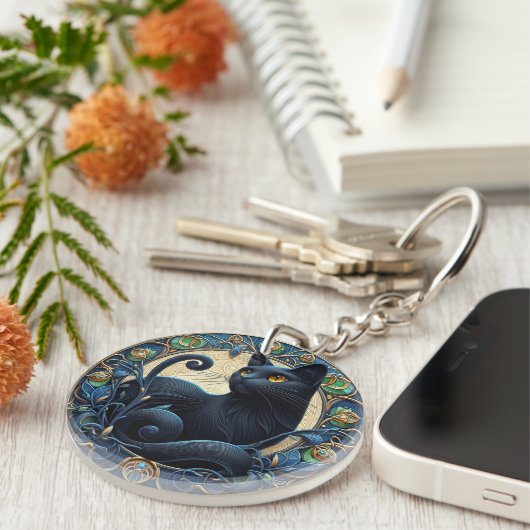 Art Nouveau Zwarte Kat Keltisch Sleutelhanger (Voorkant Rechts)