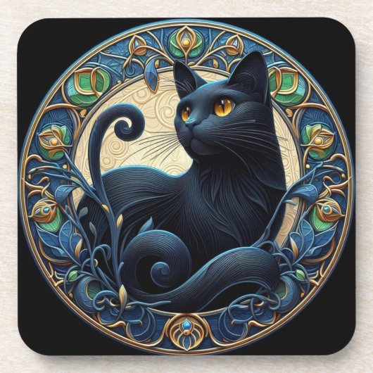 Art Nouveau Zwarte Kat Plastic Onderzetter Set (Voorkant)