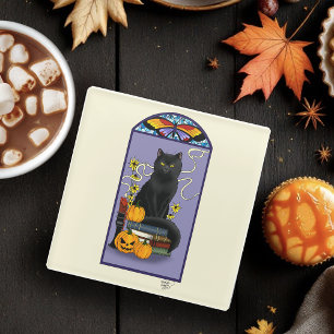 Art Nouveau Zwarte Kat Pompoen Paars Herfst Geel Glazen Onderzetter