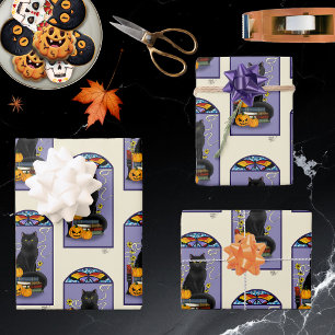 Art Nouveau Zwarte Kat Pompoen Paars Herfst Geel Inpakpapier Vel