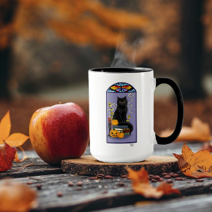 Art Nouveau Zwarte Kat Pompoen Paars Herfst Geel Mok