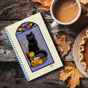 Art Nouveau Zwarte Kat Pompoen Paars Herfst Geel Notitieboek