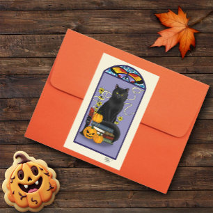 Art Nouveau Zwarte Kat Pompoen Paars Herfst Geel Rechthoekige Sticker