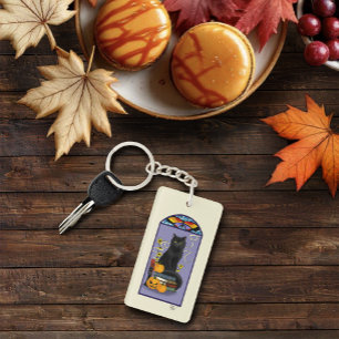 Art Nouveau Zwarte Kat Pompoen Paars Herfst Geel Sleutelhanger