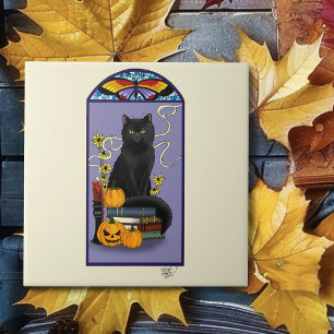 Art Nouveau Zwarte Kat Pompoen Paars Herfst Geel Tegeltje