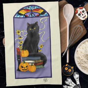 Art Nouveau Zwarte Kat Pompoen Paars Herfst Geel Theedoek