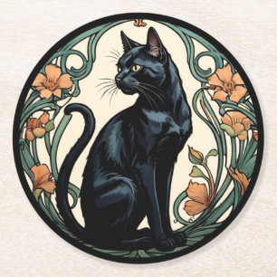 Art Nouveau Zwarte Kat Ronde Kartonnen Onderzetter