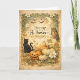 Art Nouveau Zwarte Kat Uil Halloween Kaart
