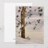 Art original Pin et Oiseau dans la Neige sur Carte (Devant / Derrière)