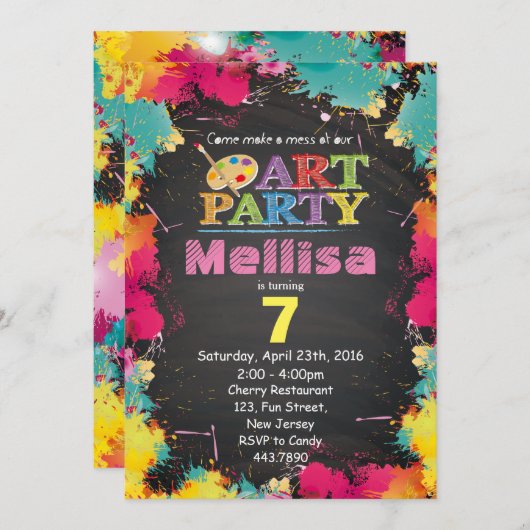 Art Party Birthday Invitation Kaart (Voorkant / Achterkant)