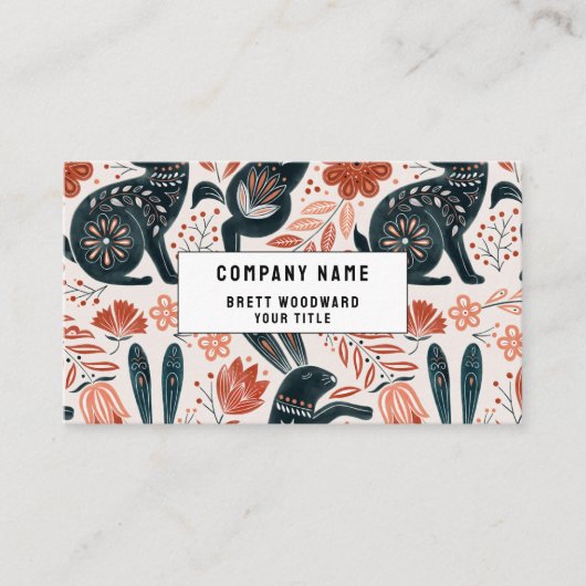 Art populaire Rabbit Florals Carte de visite (Devant)