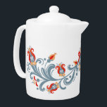 Art populaire scandinave Velkommen Teapot<br><div class="desc">Une tasse de thé chaude est toujours un bon moyen d'accueillir des amis dans votre maison. Cette théière d'inspiration scandinave présente un design d'art folklorique floral, réalisé dans le style traditionnel scandinave de la peinture à tole romarin. La bordure autour de l'avant de la théière a un design tourbillon bleu...</div>