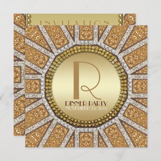 ArtDeco Sun Gouden Glitter Uitnodiging Eetfeestje (Voorkant / Achterkant)
