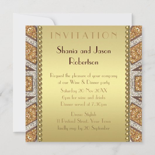 ArtDeco Sun Gouden Glitter Uitnodiging Eetfeestje (Achterkant)