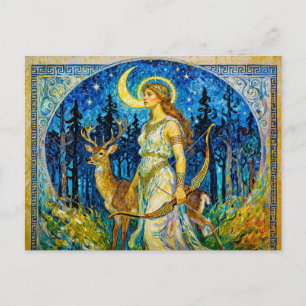 Artemis met hert en boog in een sterrenrijke bosna briefkaart