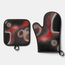 Arterieel Motief: Abstract Zwart, Wit & Rood Ovenwant & Pannenlap Set