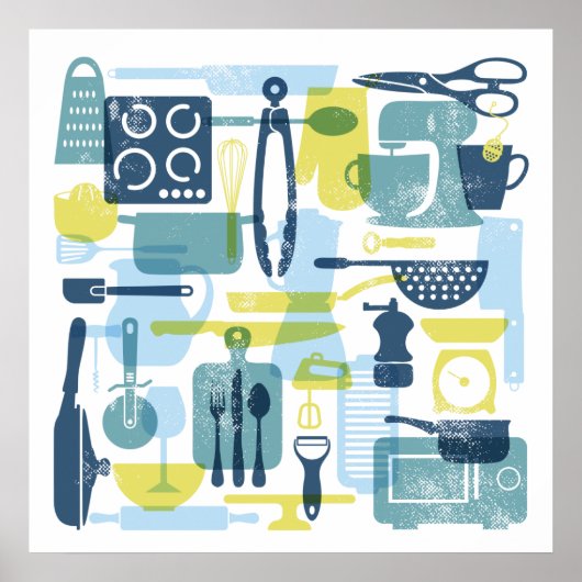 Articles de cuisine en couleurs rétro Affiche Carr (Devant)