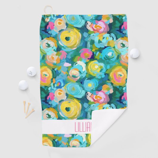 Artisan geschilderde bloem kleurrijk haar naam leu golfhanddoek (Insitu)