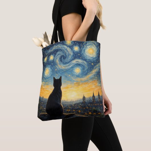 Artistic Black Cat & Celestial Town Reusable  Draagtas (Dichtbij)