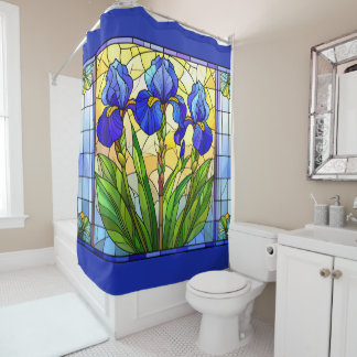 Artistic Blue Iris Floral Stained Glass  Douchegordijn