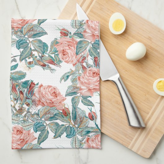 Artistic Blush Peach en koraal Rozen Theedoek (Quarter Fold)