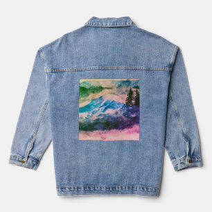 Artistic Blush Waterverf Mountains en dennenbomen Denim Jacket