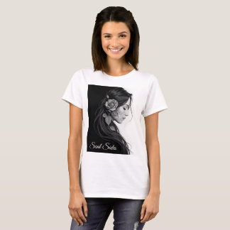 Artistic female profile with rose in monochrome t-shirt