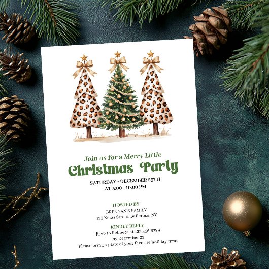Artistic green gold leopard Christmas tree invite Kaart