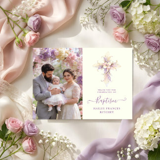 Artistic Lilac Floral Christian Cross Baptism Bedankkaart