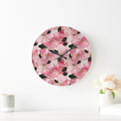 Artistic Pink Blooms Black Ink Abstract Grote Klok (Huis)