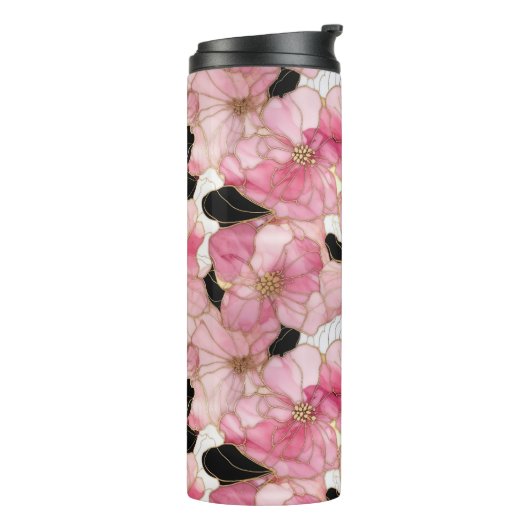 Artistic Pink Blooms Black Ink Abstract Thermosbeker (Gedraaid links)