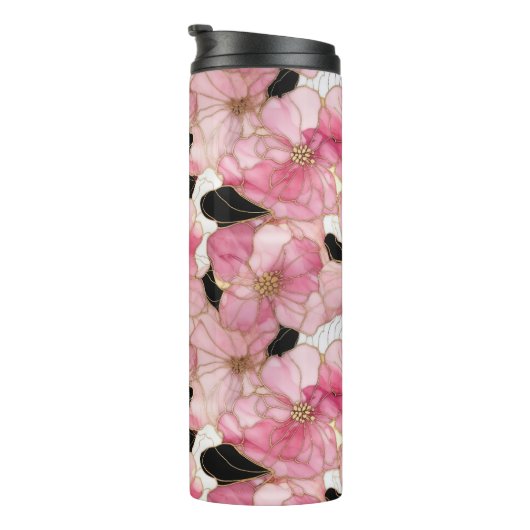 Artistic Pink Blooms Black Ink Abstract Thermosbeker (Geroteerd rechts)