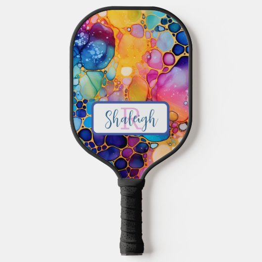 Artistiek, kleurrijk, regenboogalcohol en inkt pickleball paddle (Voorkant)