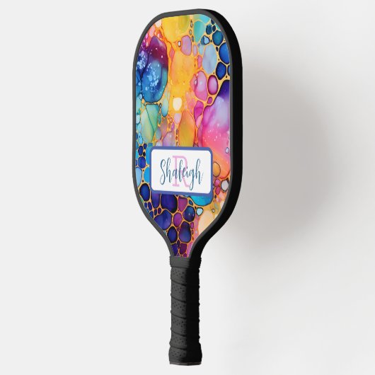 Artistiek, kleurrijk, regenboogalcohol en inkt pickleball paddle (Links)