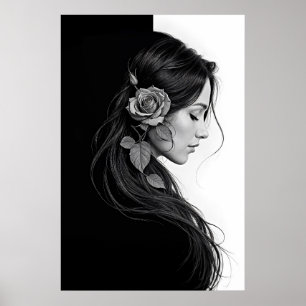 Artistiek vrouwenprofiel met roos in monochroom poster
