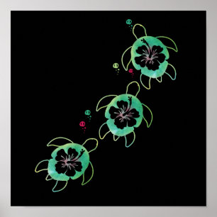 Artistiek Zee Schildpad Hibiscus Bloemenwandkunst Poster