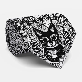 Artistiek Zwart Kat Bloemen Patroon Stropdas