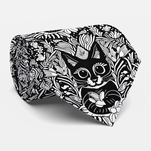 Artistiek Zwart Kat Bloemen Patroon Stropdas (Opgerold)
