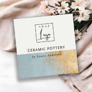 Artistieke Aqua Blue Gold Oil Paint Texture Logo Vierkante Visitekaartje