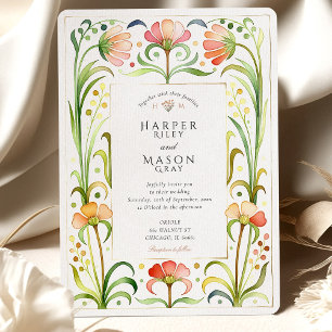 Artistieke Art Nouveau Wildflower Gold Wedding Kaart