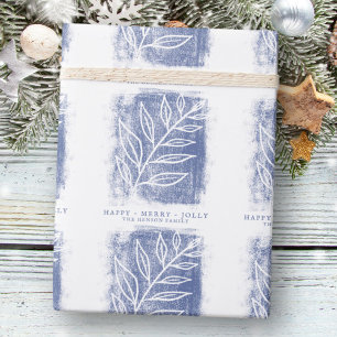 Artistieke Blauwe Witte Tak Familie Kerstmis Cadeaupapier