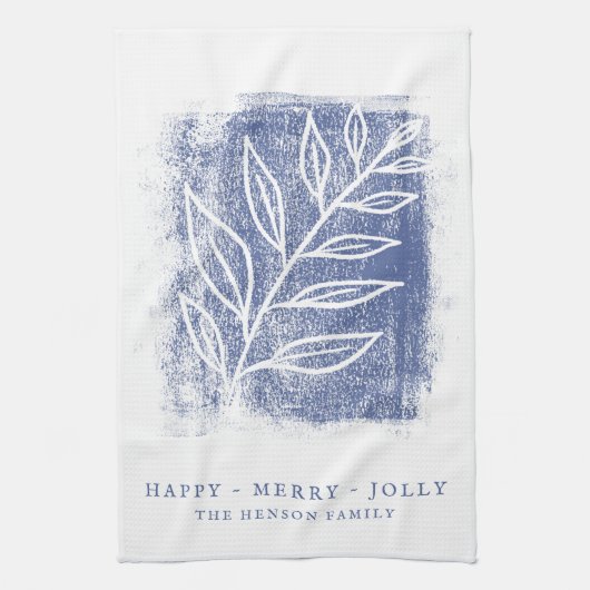 Artistieke Blauwe Witte Twig Kerstmis Theedoek (Verticaal)