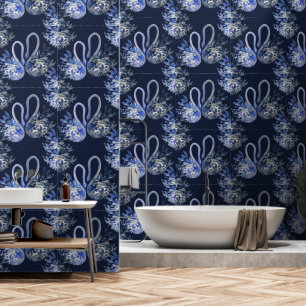 Artistieke Blauwe Zwanen Waterverf Handgeschilderd Behang