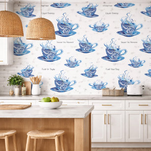 Artistieke Blue Coffee Cup met wervelende patronen Behang