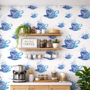 Artistieke Blue Coffee Cup met wervelende patronen Behang