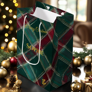 Artistieke bordeauxrode en groene geruite kerst aa medium cadeauzakje