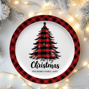 Artistieke Buffalo Plaid Boom Naam Kerst Papier Papieren Bordje