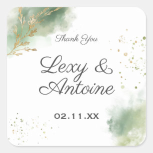 Artistieke Chic Moss Green Waterverf Gold Wedding Vierkante Sticker