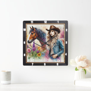 Artistieke Cowgirl en Paard met Levendige Bloemen Vierkante Klok